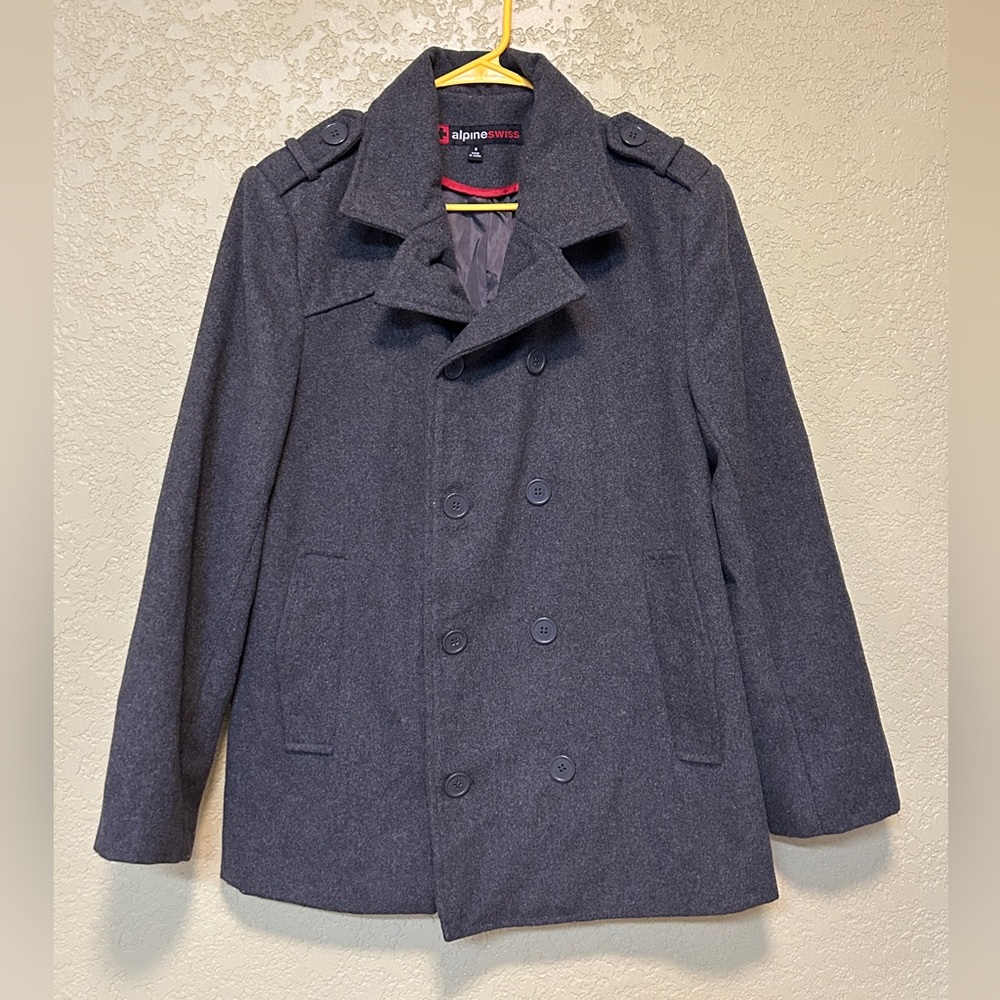 Men’s Alpine Swiss Gray Pea Coat Jacket Sz Small 30% Wool & 70% Polyester